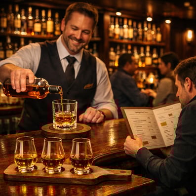 A dimly lit bar with polished wooden surfaces and shelves lined with an array of whisky bottles each reflecting the soft glow of ambient lighting A ba