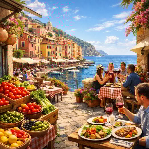 A picturesque coastal scene unfolds showcasing a vibrant Mediterranean town where pastelcolored buildings cascade down to a sparkling azure sea Sunlig