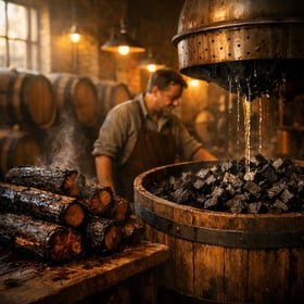 A rustic distillery interior showcases large wooden barrels stacked against weathered brick walls illuminated by warm golden light filtering through d