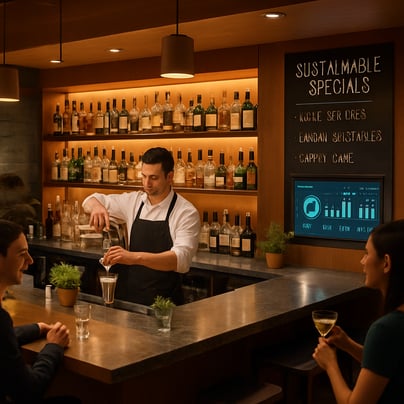 A sleek restaurant bar with polished wooden surfaces reflects warm ambient lighting Behind the bar an array of colorful liquor bottles is neatly organ-1