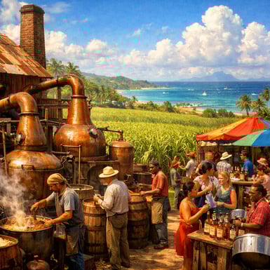 A sundrenched Caribbean landscape unfolds showcasing vast sugarcane fields stretching towards the horizon their green stalks swaying gently in the war