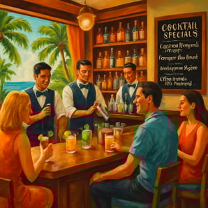 A vibrant hotel bar scene set in a tropical resort with lush green palm trees visible through large open windows The bar is elegantly designed featuri
