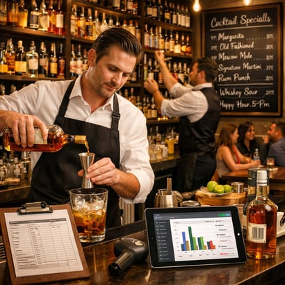 Chalkboard Bar with Bartenders and Lively Patrons