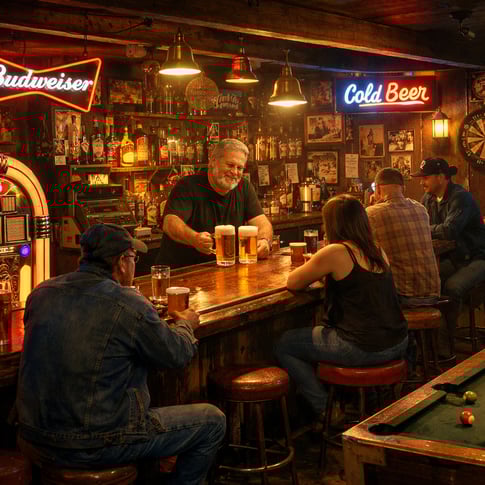 Classic Dive Bar Neon Glow and Worn Wood Bar-1