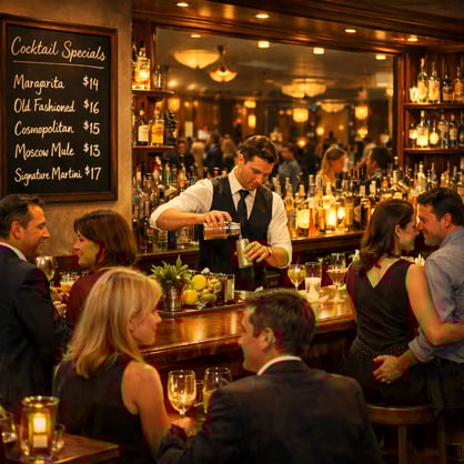 Elegant Hotel Bar with Chalkboard Menu and Bartender