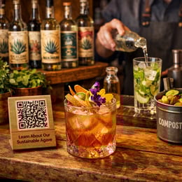 Mezcal Cocktail on Rustic Bar with QR Code and Botanical Garnish-1