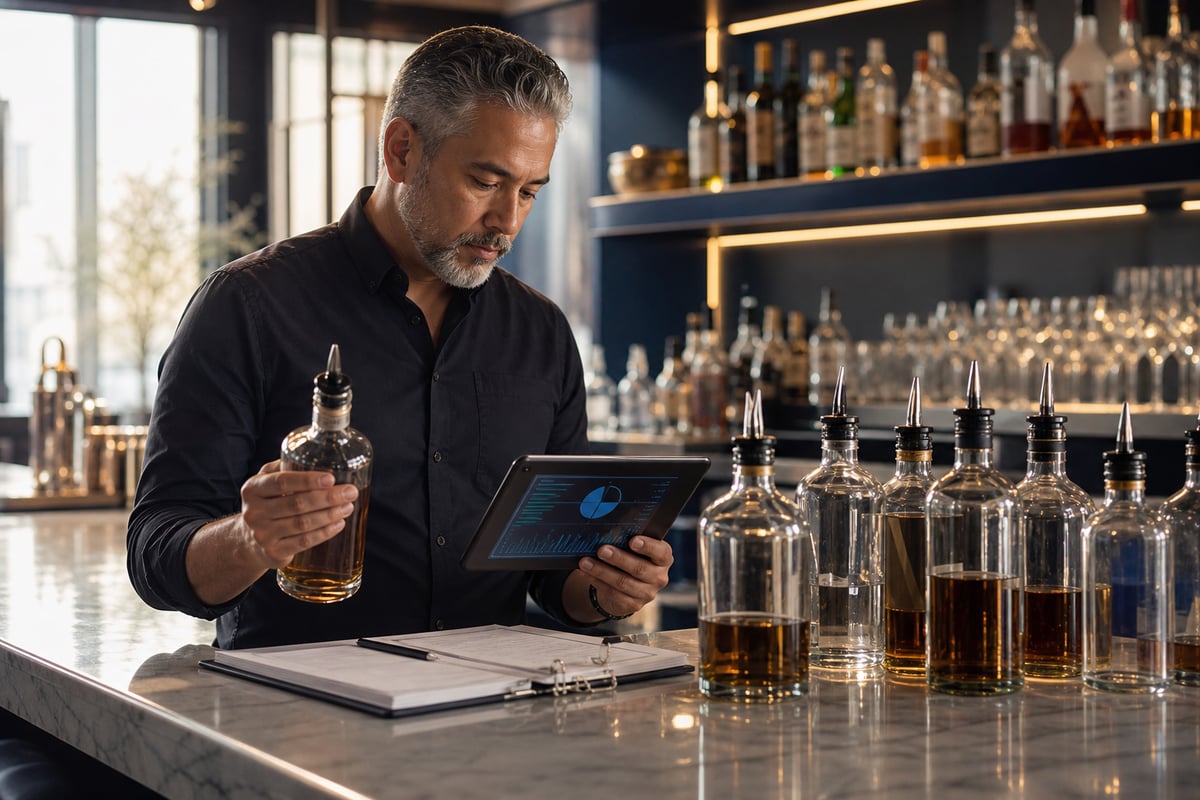 Bar manager reviewing nightclub liquor stock and transfer log after an event