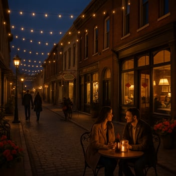 The image captures a charming downtown street in Franklin Tennessee adorned with twinkling fairy lights strung above cobblestone paths Historic 19thce