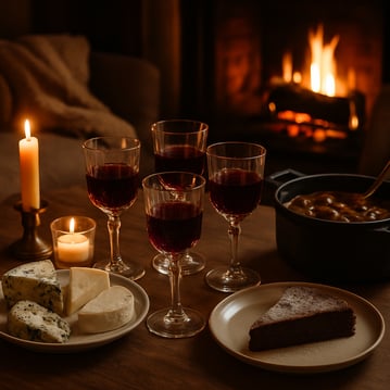The image captures a cozy winter scene centered around a beautifully set dining table adorned with elegant glassware filled with rich rubyred Port win-1