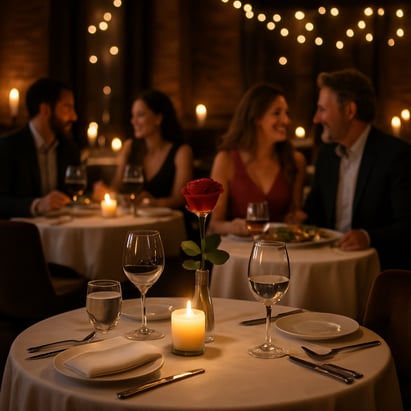 The image captures a romantic table setting in an upscale Nashville restaurant adorned with soft candlelight flickering gently across the polished woo