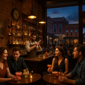 The image captures a vibrant cocktail bar scene in downtown Franklin Tennessee showcasing a blend of historic architecture and modern mixology Exposed