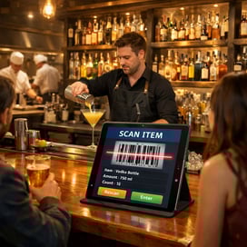 The image depicts a bustling bar environment filled with patrons enjoying their drinks amidst a warm inviting atmosphere Behind the bar a bartender sk