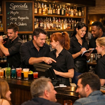 The image depicts a bustling bar scene with a diverse group of bartenders and servers in action The bar is welllit showcasing a variety of colorful co-1