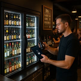 The image depicts a bustling bar scene with sleek modern refrigeration units lined against the wall showcasing an array of colorful bottled beers and spirits Behind the bar a bartender skillfully maneuvers scanning barcodes on bottles with a sleek ta-1