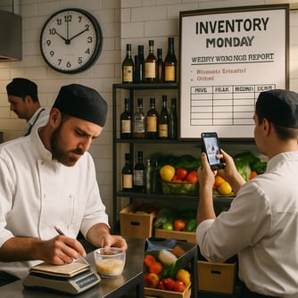 The image depicts a busy restaurant kitchen with chefs intensely focused on their tasks A wall clock shows 10 AM on a Monday indicating its time for t