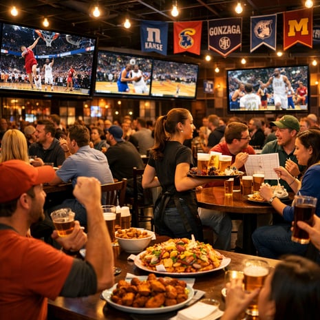 The image depicts a lively sports bar bustling with excitement during March Madness Large HD screens hang from the walls showcasing multiple basketbal-1