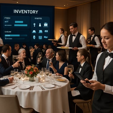 The image depicts a modern banquet hall bustling with activity during a highprofile event Elegant round tables are adorned with pristine white tablecl