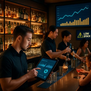 The image depicts a modern bar environment showcasing sleek illuminated shelves stocked with an array of liquor bottles A bartender stands behind the