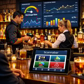 The image depicts a modern bar setting featuring a sleek and polished wooden bar counter filled with an array of colorful liquor bottles each illumina