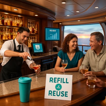 The image depicts a modern cruise ship bar bustling with activity The bar is elegantly designed featuring polished wooden surfaces and chrome fixtures