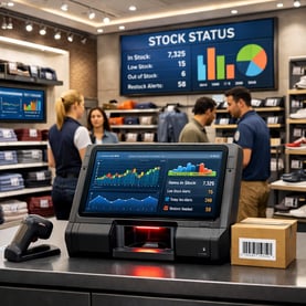 The image depicts a modern retail store interior featuring neatly arranged shelves stocked with various products from clothing to shoes Each item disp-1
