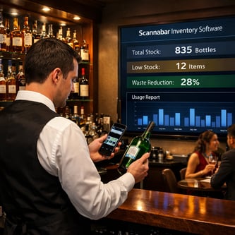 The image depicts a sleek modern bar in a luxurious hotel illuminated by soft ambient lighting that highlights a wide array of premium spirits display-1