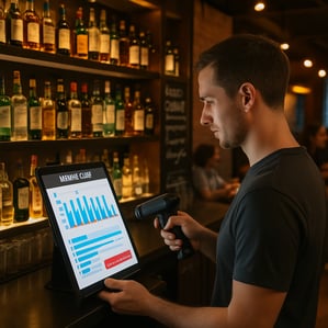 The image depicts a sleek modern bar setup with a wellorganized back bar Bottles of various spirits are neatly arranged on shelves illuminated by soft-1