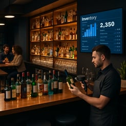 The image features a modern bar interior showcasing a sleek polished wooden bar counter lined with an array of colorful liquor bottles Behind the bar shelves are filled with various spirits each illuminated by soft ambient lighting A bartender dresse