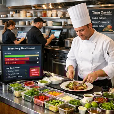 The image features a modern restaurant kitchen bustling with activity In the foreground a chef in a white uniform expertly prepares dishes surrounded
