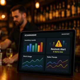 The image features a sleek modern interface of the Scannabar Inventory application displayed on a tablet set against a backdrop of a bustling bar environment The screen shows vibrant graphs and charts illustrating realtime inventory levels stock usag-1