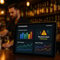 The image features a sleek modern interface of the Scannabar Inventory application displayed on a tablet set against a backdrop of a bustling bar environment The screen shows vibrant graphs and charts illustrating realtime inventory levels stock usag-1