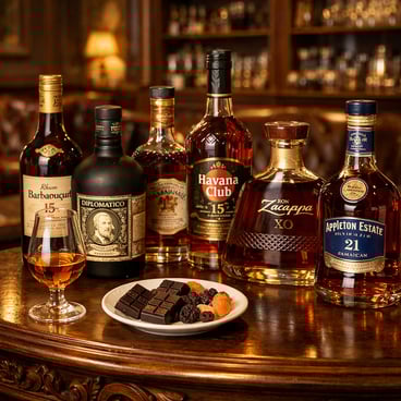 The image features an elegant wooden bar intricately carved and polished to a warm sheen showcasing an array of premium aged rums Each bottle is disti-1