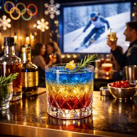 The image showcases an elegantly designed cocktail menu inspired by the Winter Olympics At the center a striking layered cocktail the Downhill Dash fe-1