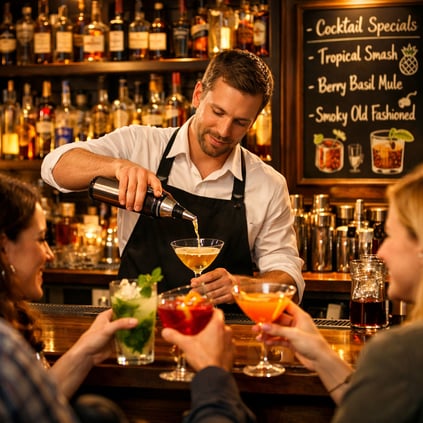 Vibrant Bar Scene with Lively Patrons and Chalkboard Menu-1