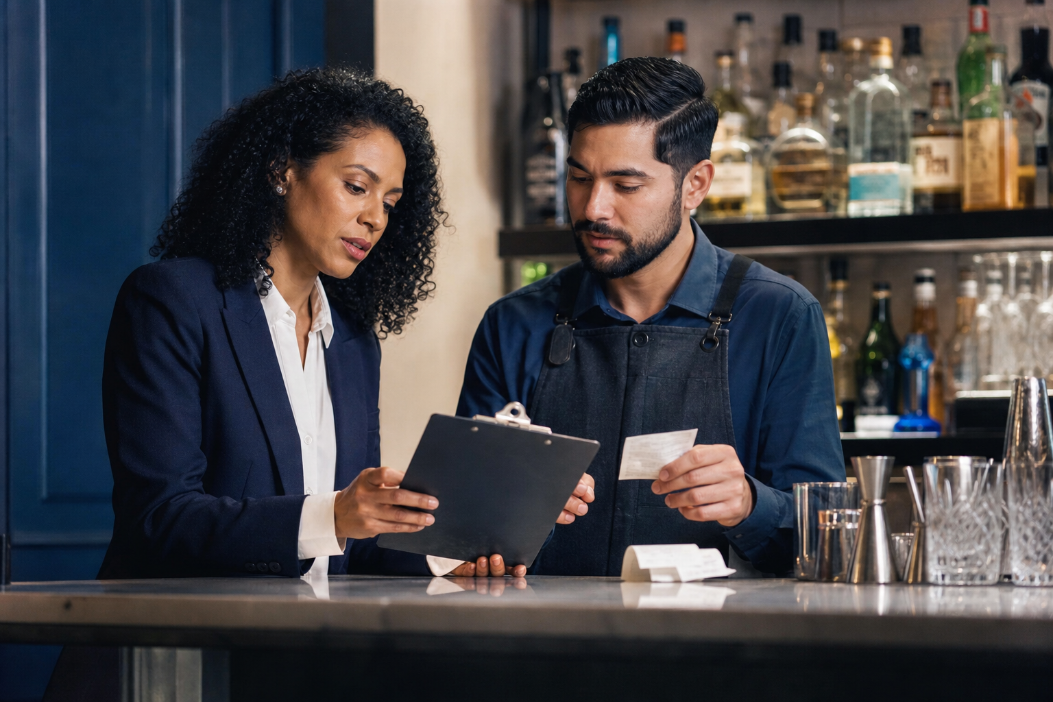 Hospitality manager and bartender reviewing cost records together at a bar counter