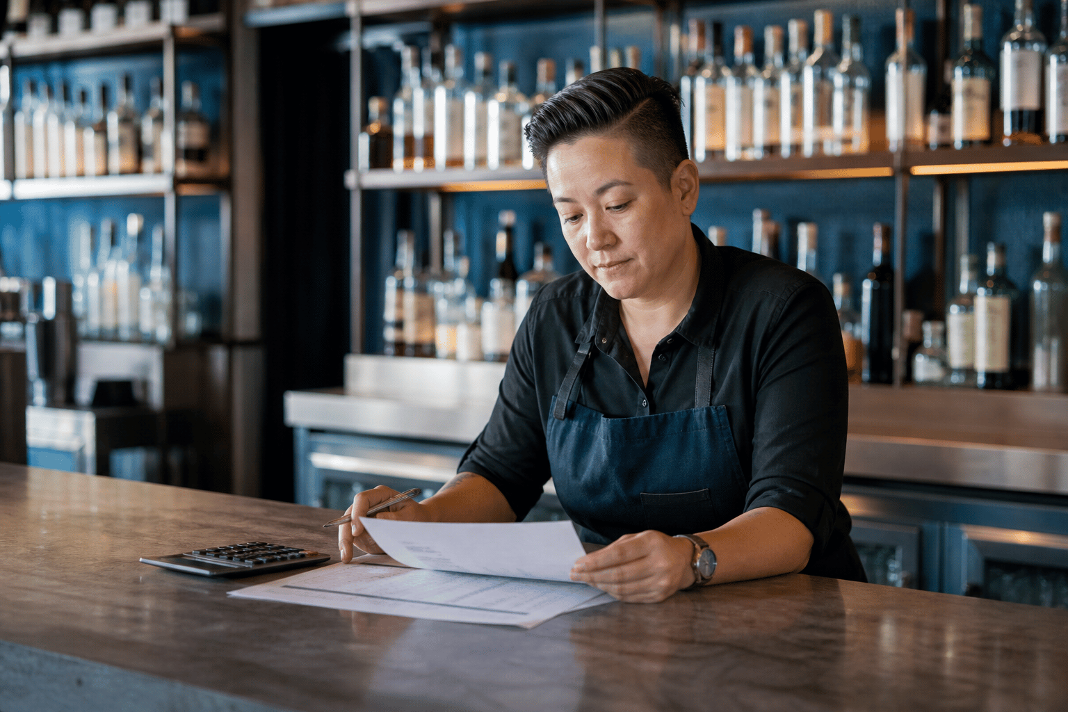 Hospitality manager reviewing an inventory worksheet and calculator at a bar counter