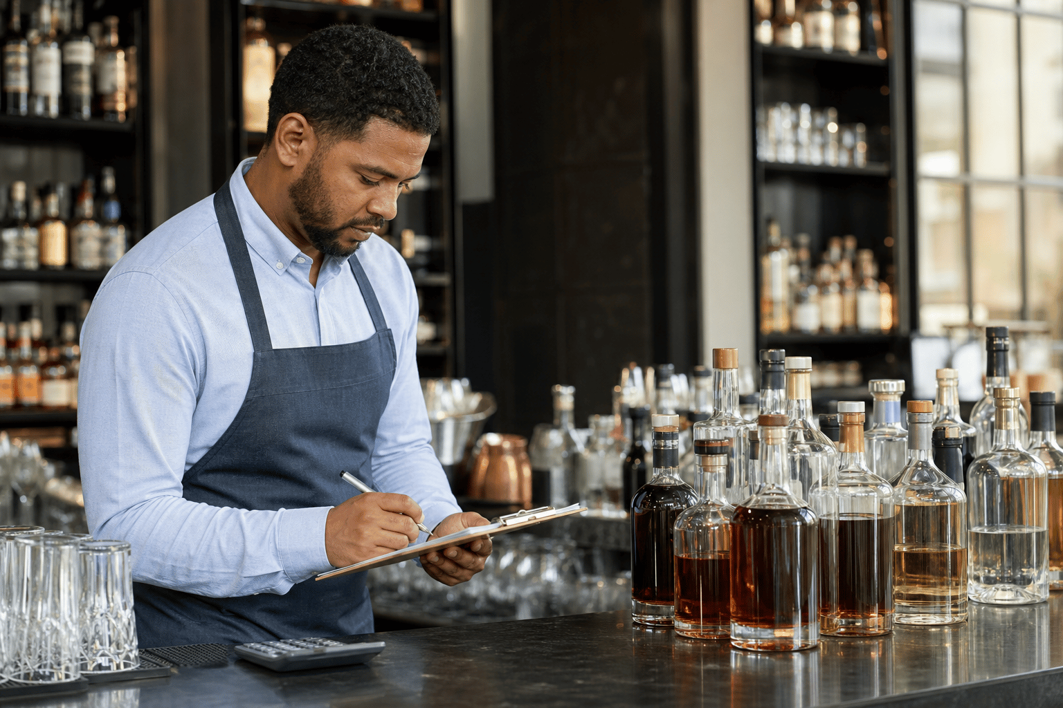 Hospitality manager reviewing organized liquor stock and inventory records before bar service