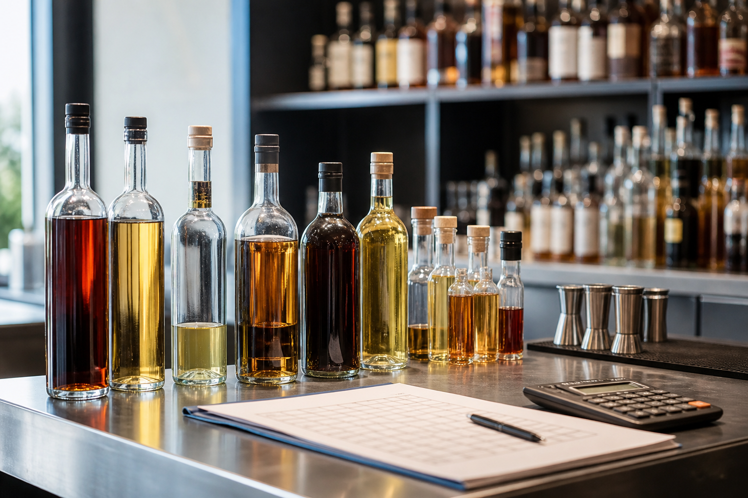 Spirit bottles, inventory clipboard, calculator, and pen arranged on a tidy bar counter