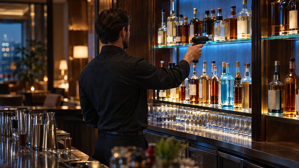 A bar manager checks stock on a backlit spirit shelf with a rugged handheld scanner