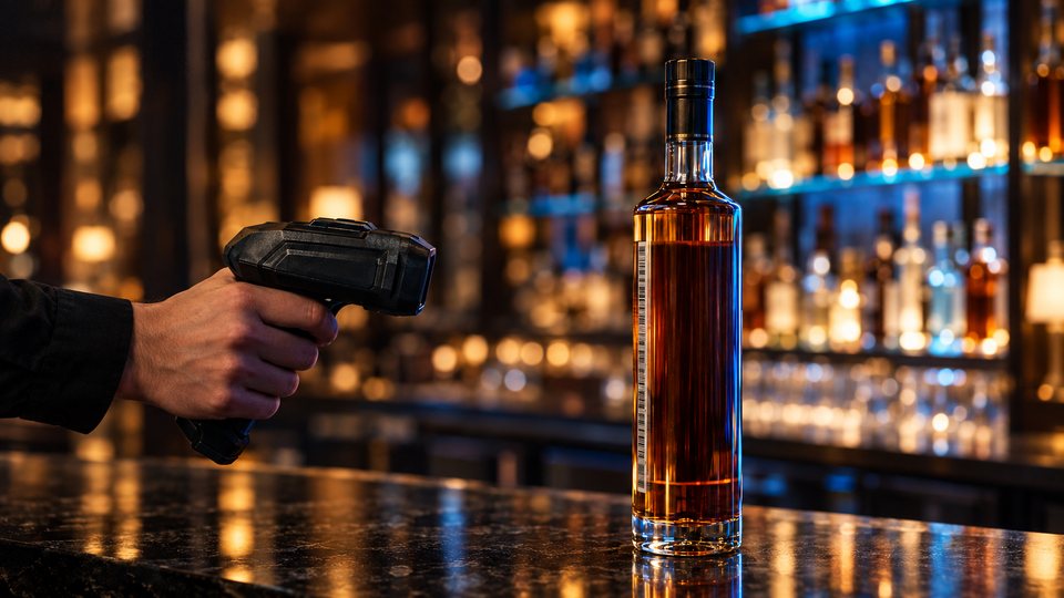 A handheld scanner reads the bar code running down the height of an open spirit bottle