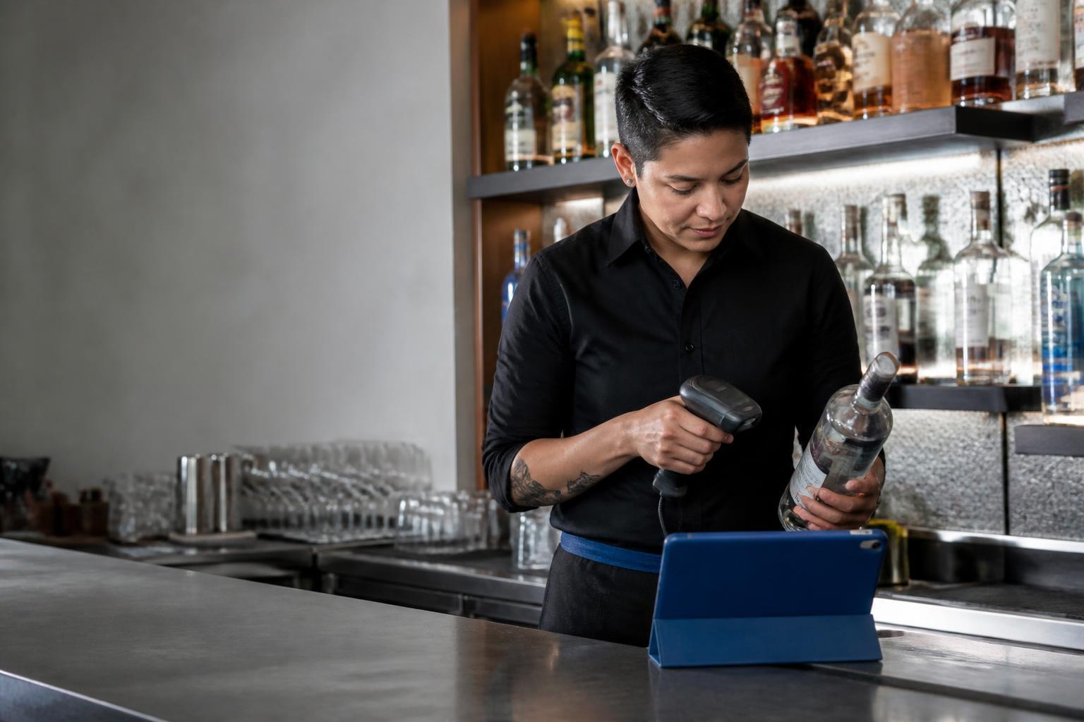 Bar manager scanning liquor bottles during an inventory count