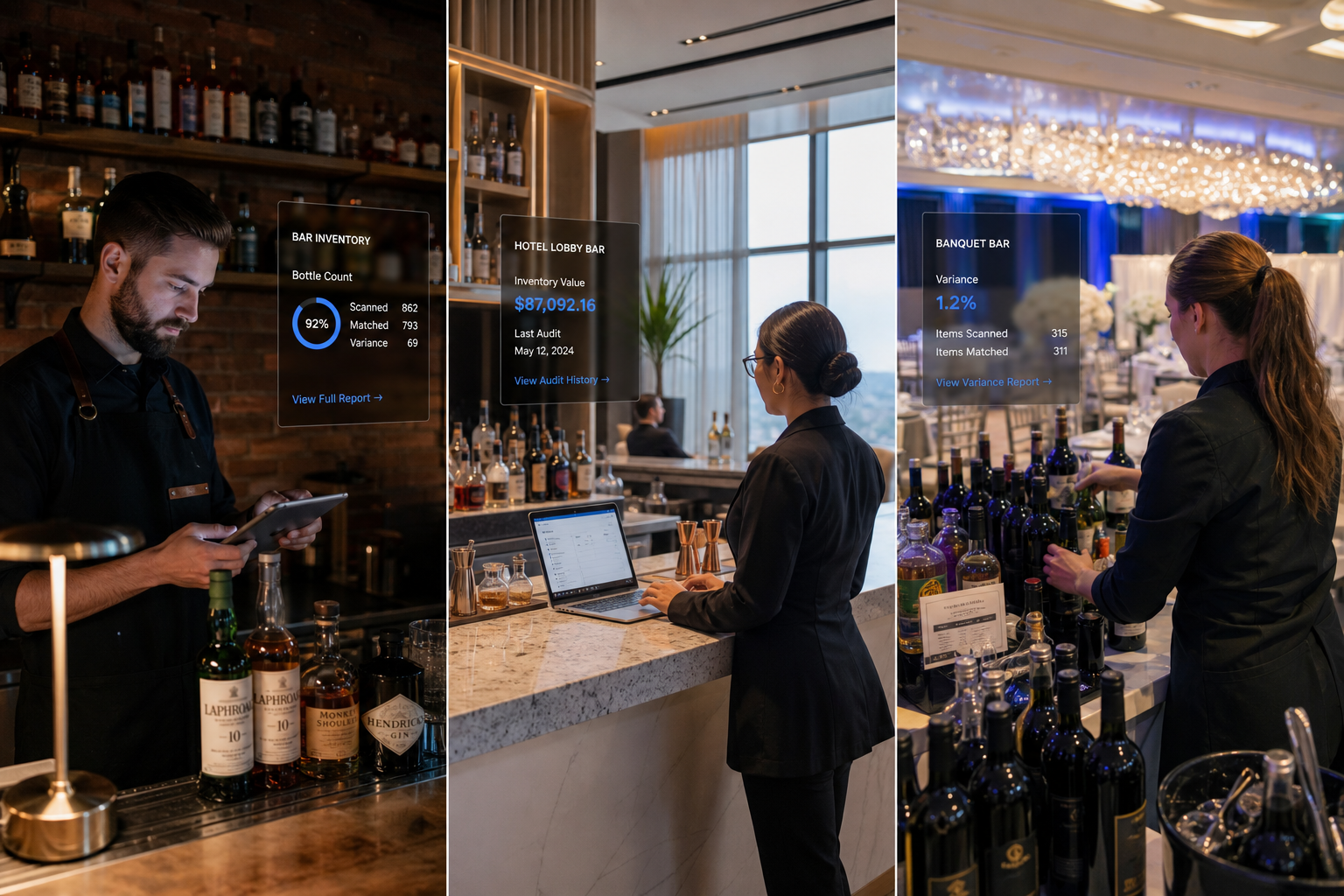 Independent bar, hotel bar, and banquet bar setups showing different hospitality inventory environments