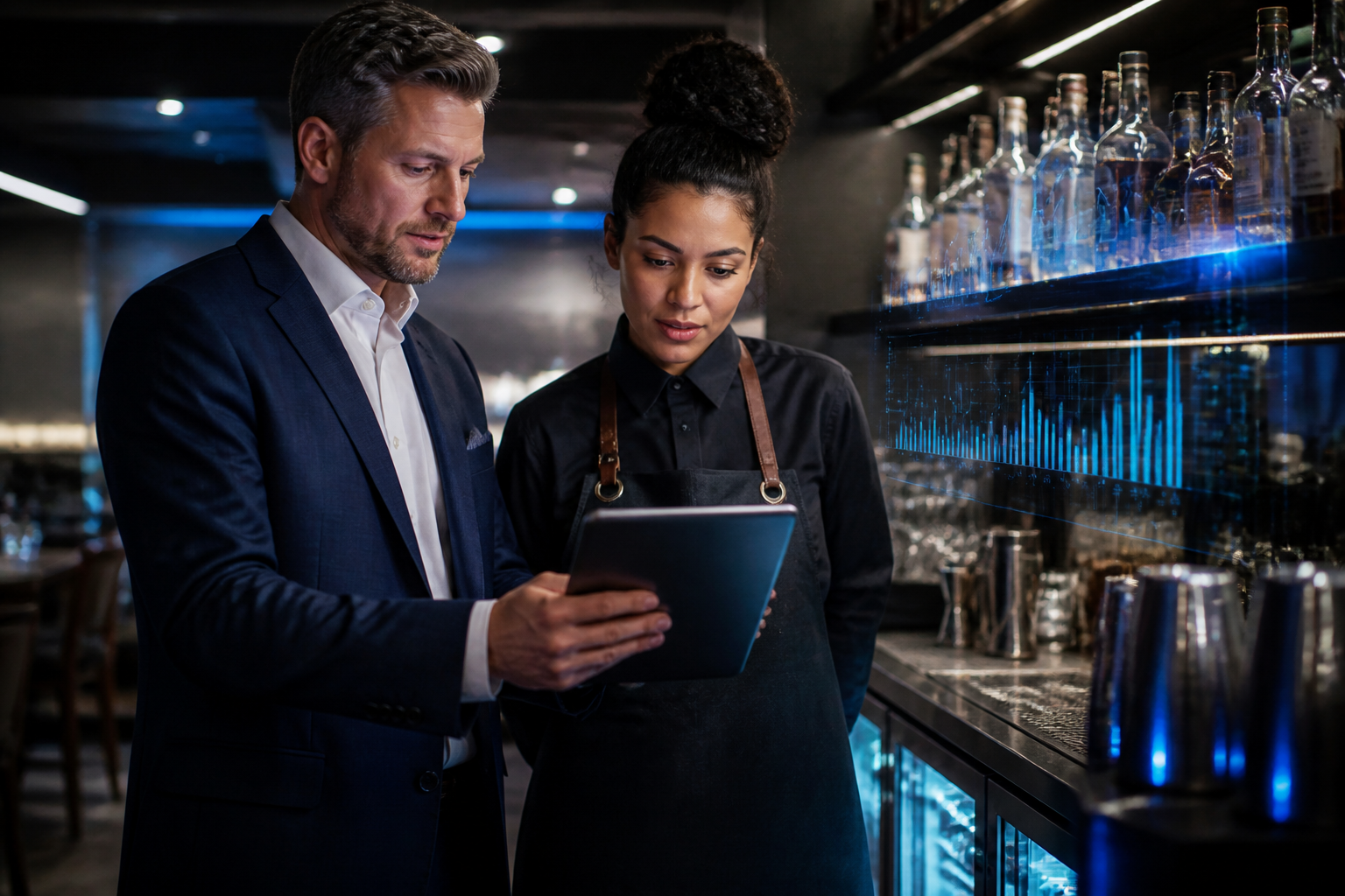Hospitality manager and bar lead reviewing beverage inventory analytics in an upscale hotel bar