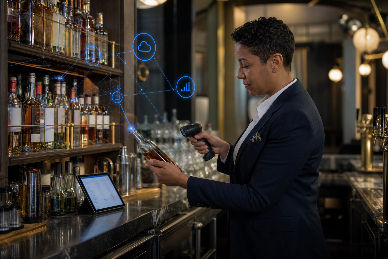 Hotel bar manager scanning liquor bottles with a handheld device before service