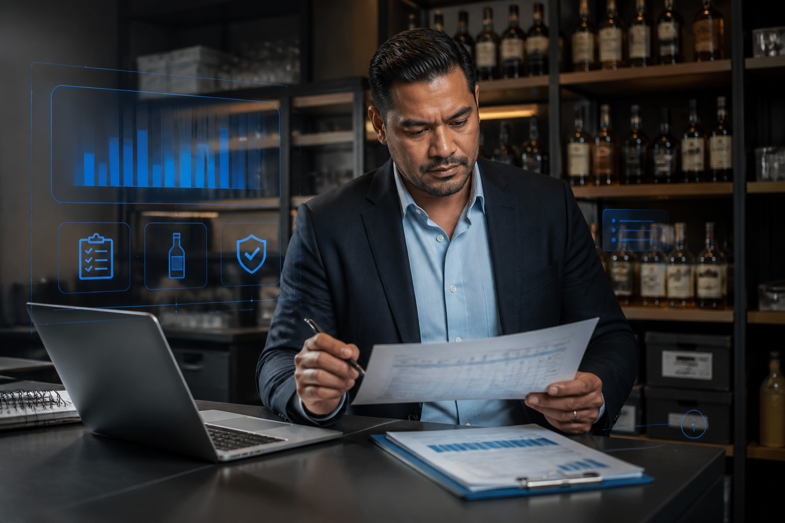 Hotel food and beverage director reviewing inventory reports and SOP performance near the back bar