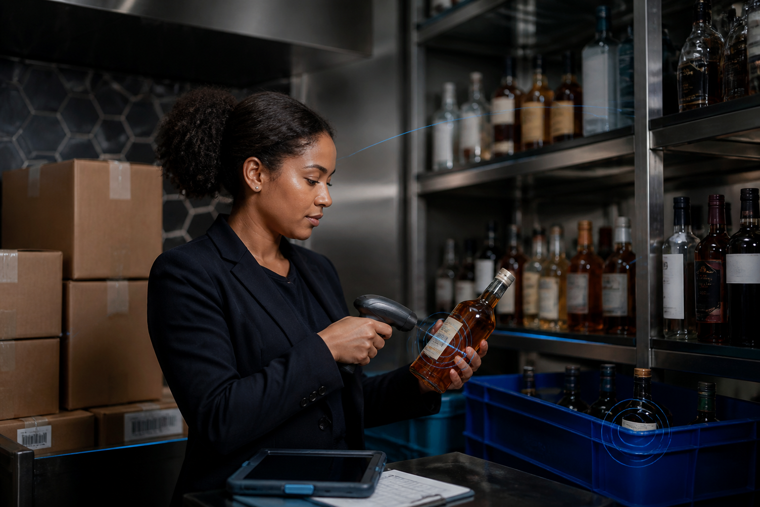 Hotel staff member scanning labeled beverage inventory in an organized bar storage area
