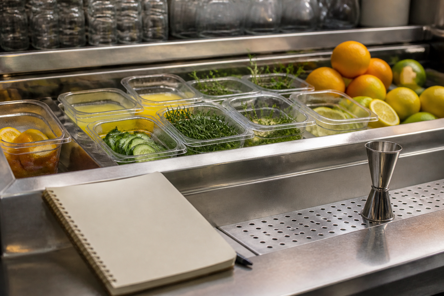 Organized bartender preparation station with citrus juice, rosemary, cucumber, and measuring tools.