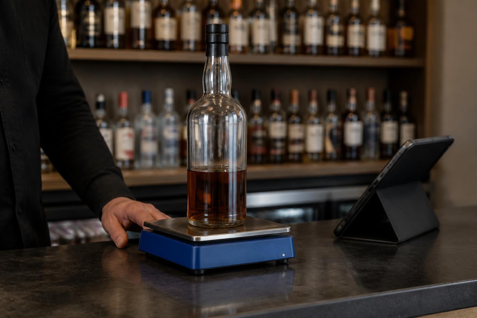 Partially filled whiskey bottle on a digital inventory scale