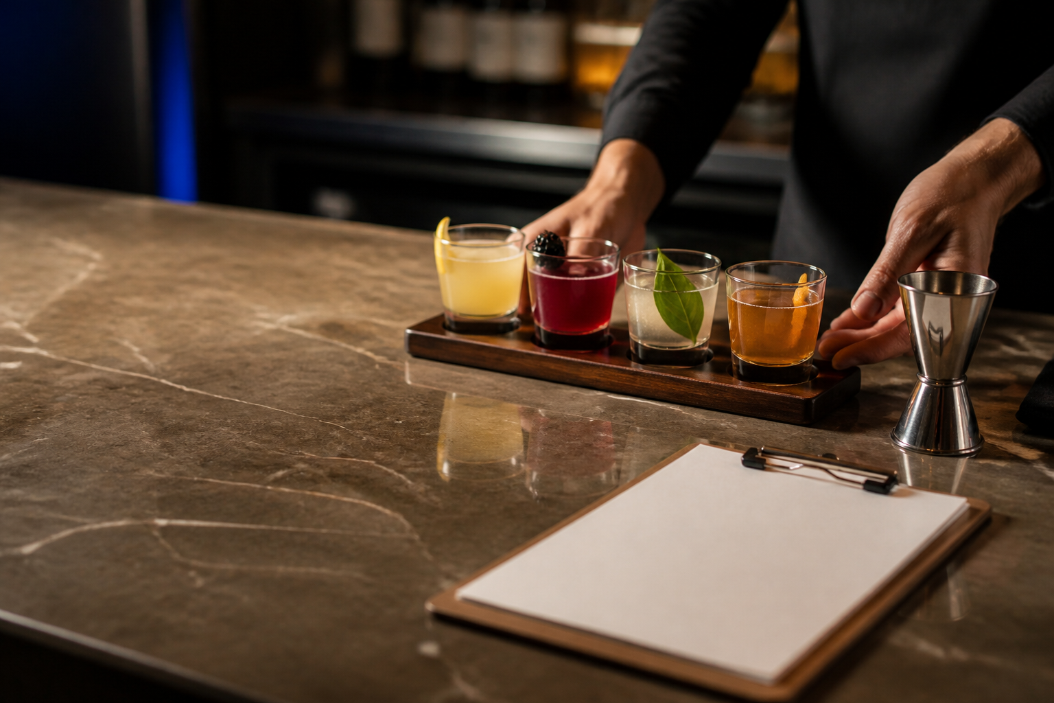 Flight of cocktail tasting portions arranged on a warm hospitality bar counter