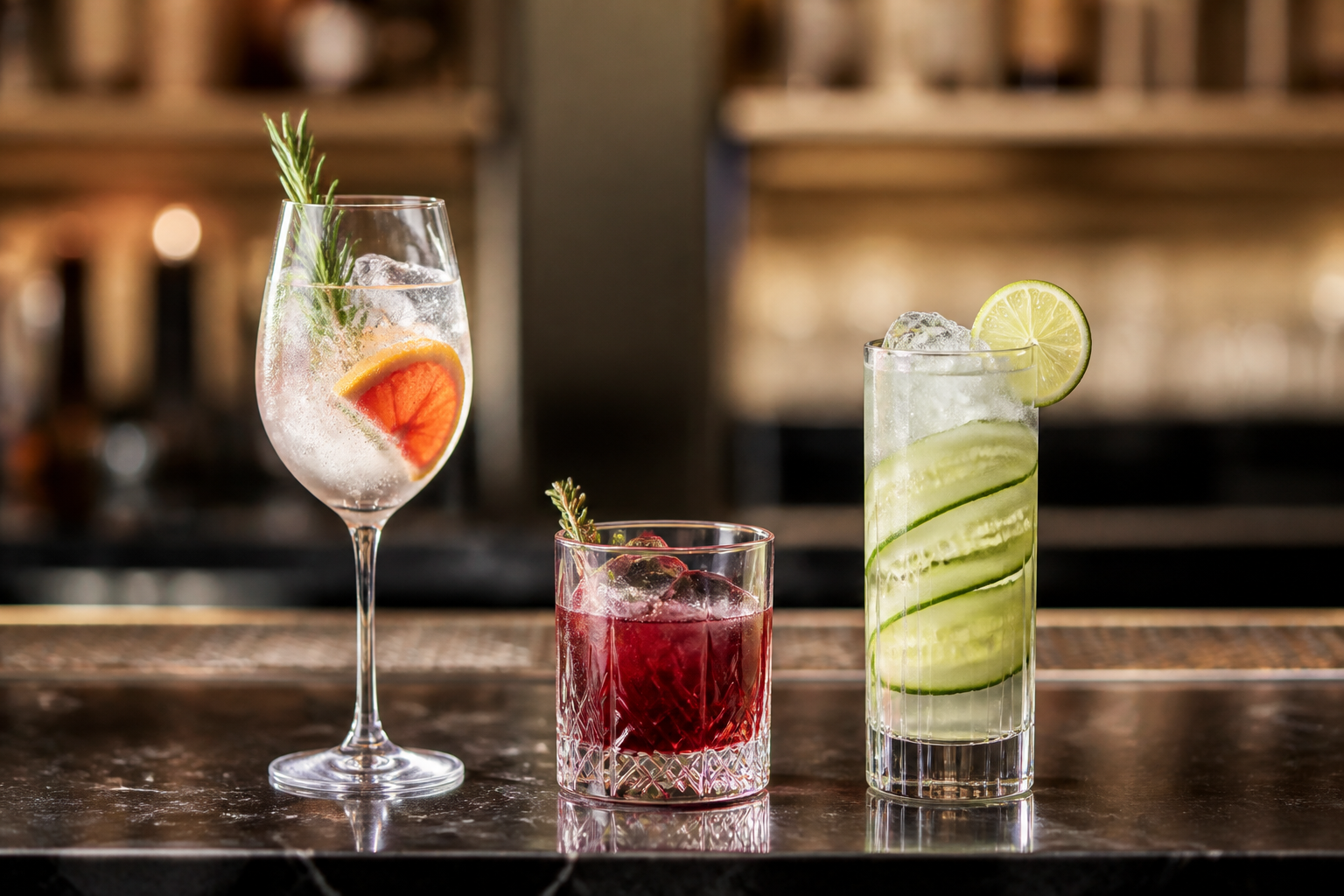 Three non-alcoholic cocktails with citrus, rosemary, and cucumber garnishes on a bar.